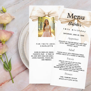 Cream beige bow photo fun facts birthday menu card