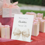 Cream beige bow Sweet 16 welcome Pedestal Sign<br><div class="desc">A white background decorated with a large cream,  beige coloured bow.   Personalise and add a name.</div>