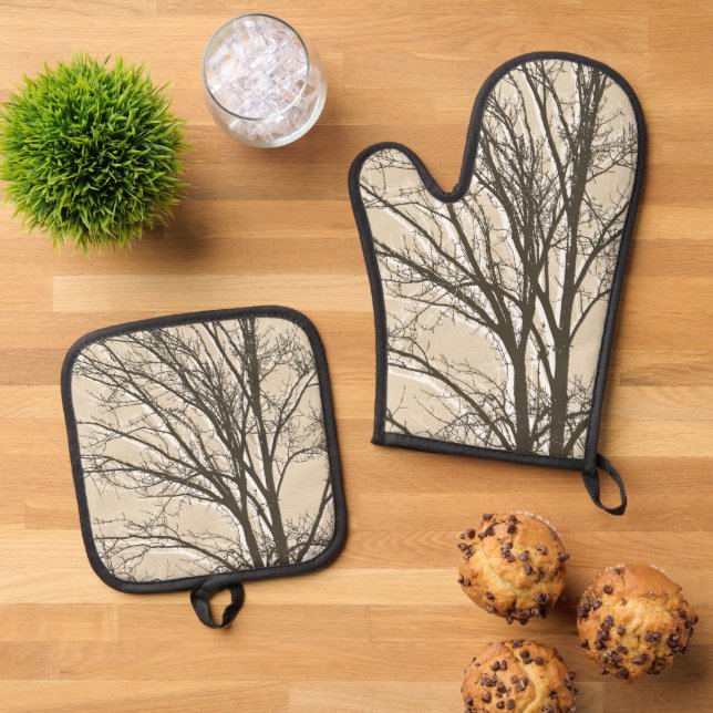 Cream Beige Brown White Tree Branches  Oven Mitt & Pot Holder Set (Top Down)