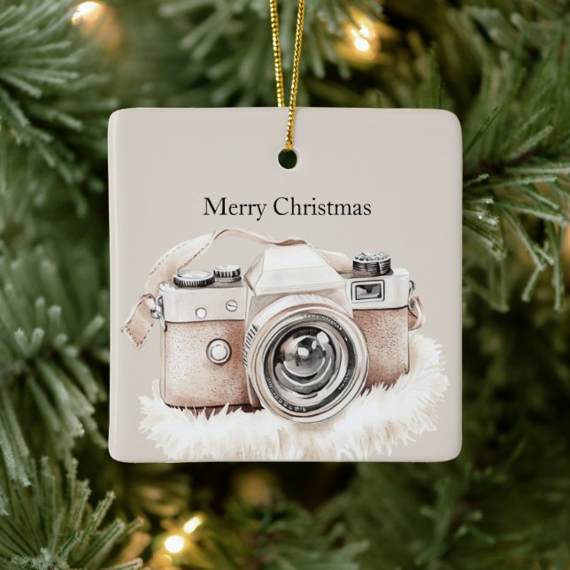 Cream Beige Camera Stripes Christmas Ceramic Ornament (Tree)