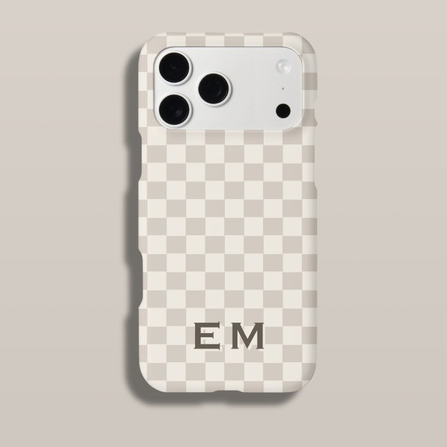 Cream Beige Checkerboard Checker Monogram (Tan Cream Checkerboard Phone Case with Custom Initials)