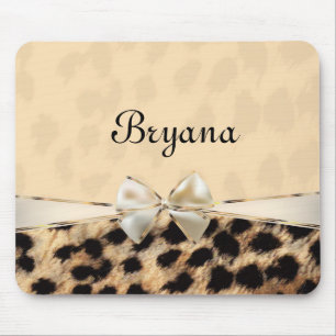 Cream Beige Leopard Cheetah Print Bow Mouse Pad