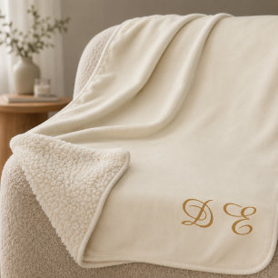 Cream beige minimalist monogrammed fleece sherpa blanket