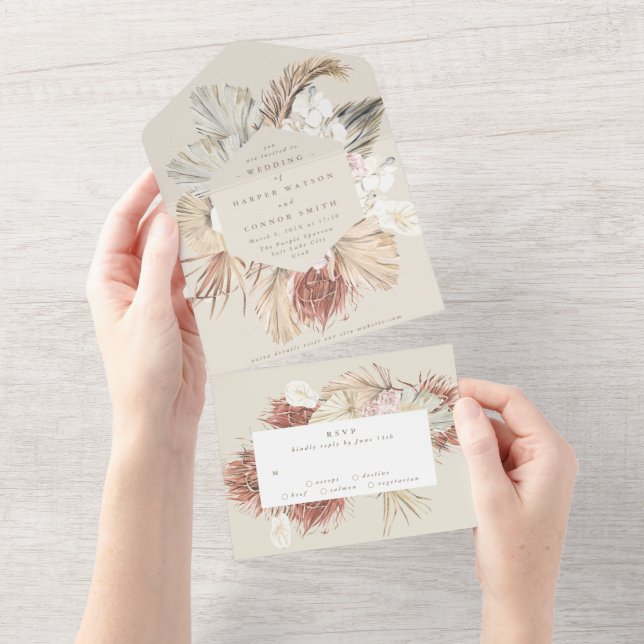 Cream Beige | Pampas Dried Grass Floral | Wedding All In One Invitation (Tearaway)