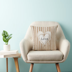Cream Beige Stripes White Heart Love Cushion