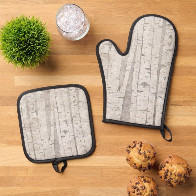 Cream Beige White Birch Trees Oven Mitt & Pot Holder Set (Top Down)