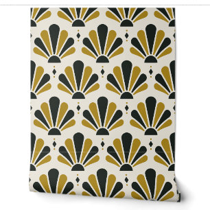 Cream, Black and Brass Art Deco Teardrop Fan Wallpaper