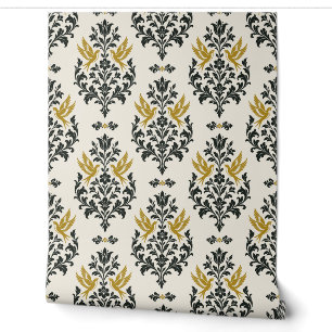 Cream, Black and Brass Floral Bird Damask Wallpaper