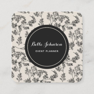 Cream & Black Botanical Floral Pattern Hand Drawn Square Business Card