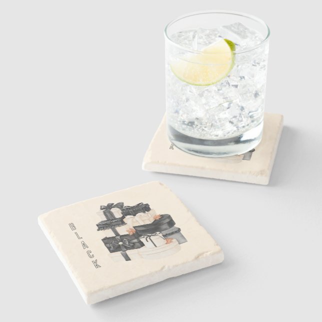 Cream Black Boxes Stone Coaster (Side)