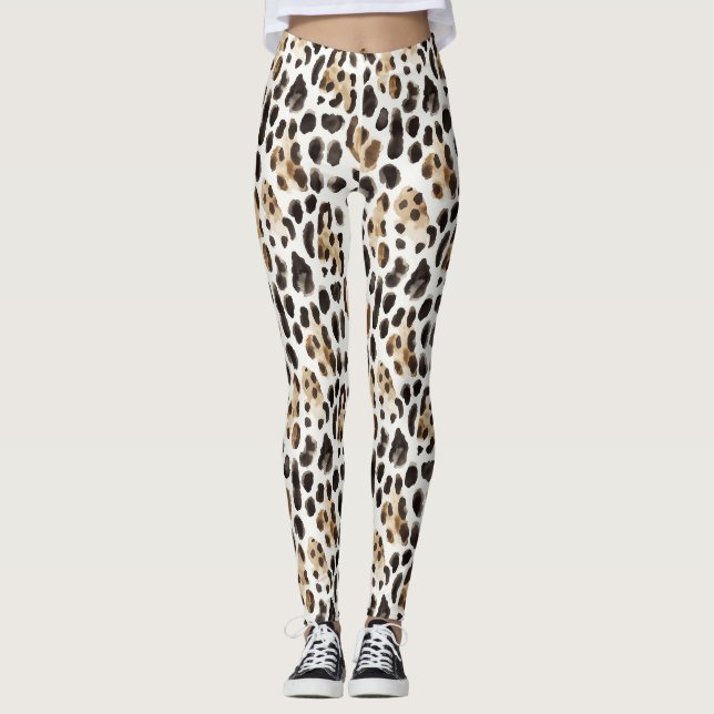 Cream Black Brown Leopard Animal   Leggings (Front)