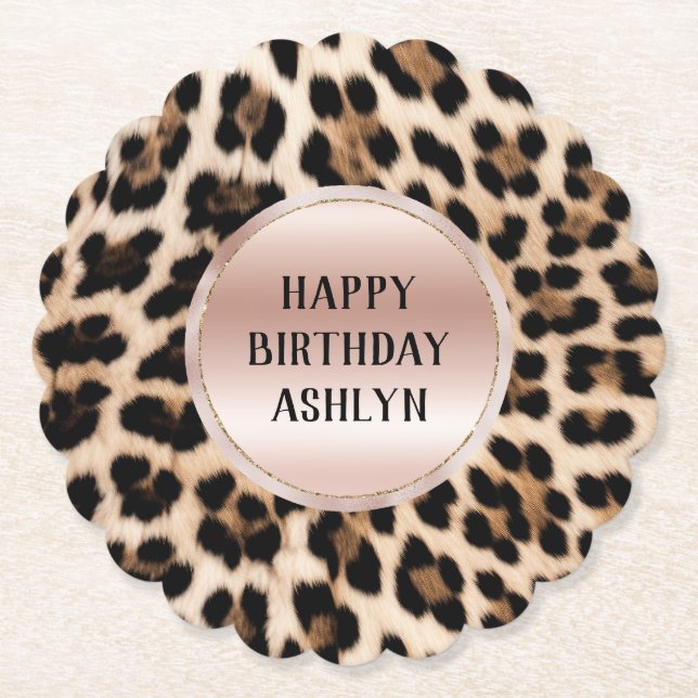 Cream Black Brown Leopard Blush Pink Birthday Paper Coaster (Front)