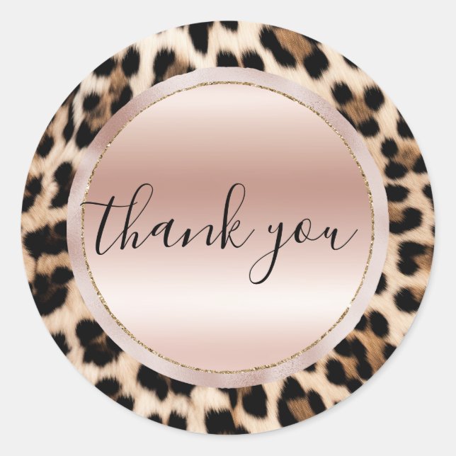 Cream Black Brown Leopard Blush Pink Thank You Classic Round Sticker (Front)