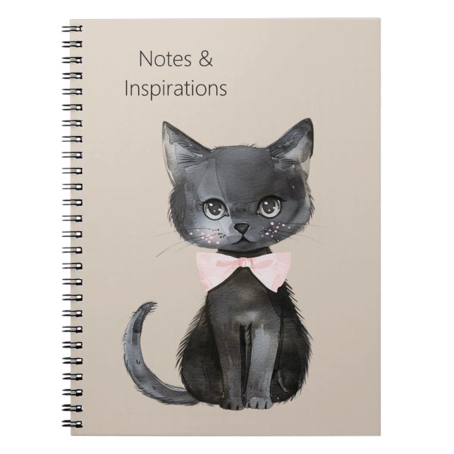 Cream Black Cat Pink Bow Notebook (Front)