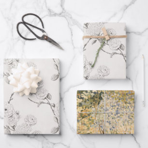 Cream Black Fall Flowers Elegant Wedding Wrapping Paper Sheet