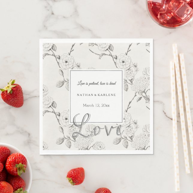 Cream Black Fall Flowers Love Wedding  Napkin (Insitu)