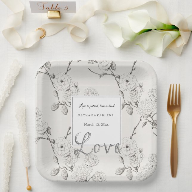 Cream Black Fall Flowers Love Wedding  Paper Plate (Wedding)
