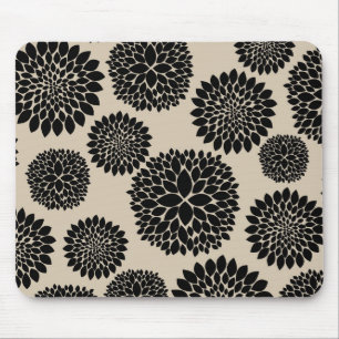 Cream Black Flowers Mouse Pad