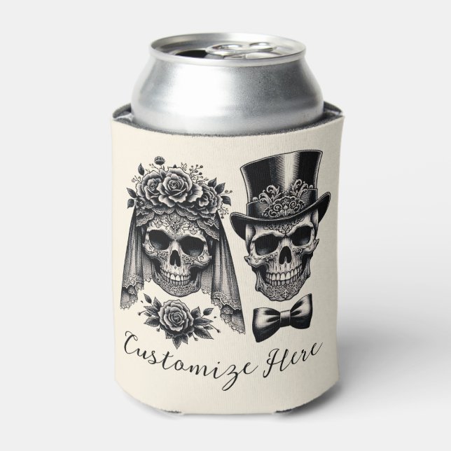 Cream Black & Gold Vintage Skeleton Wedding Can Cooler (Can Front)