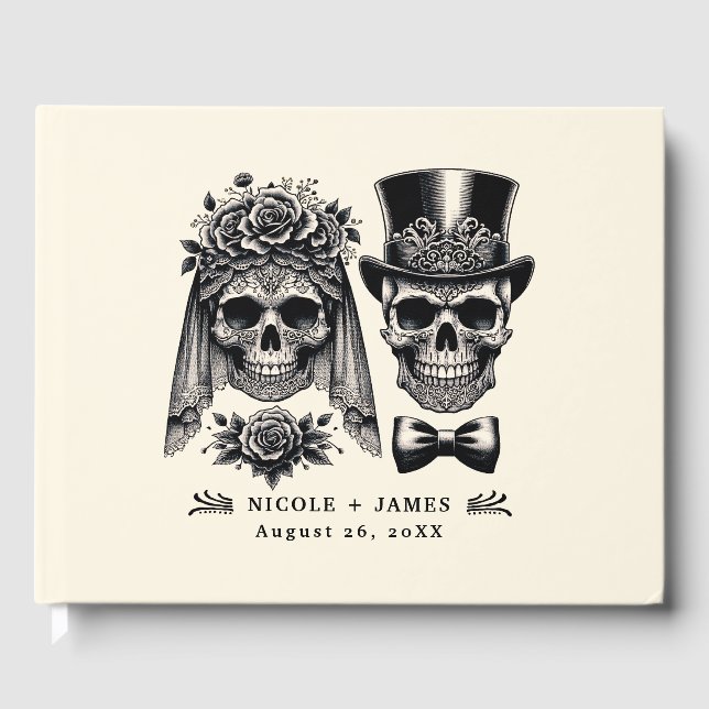 Cream Black & Gold Vintage Skeleton Wedding  Guest Book (Front)