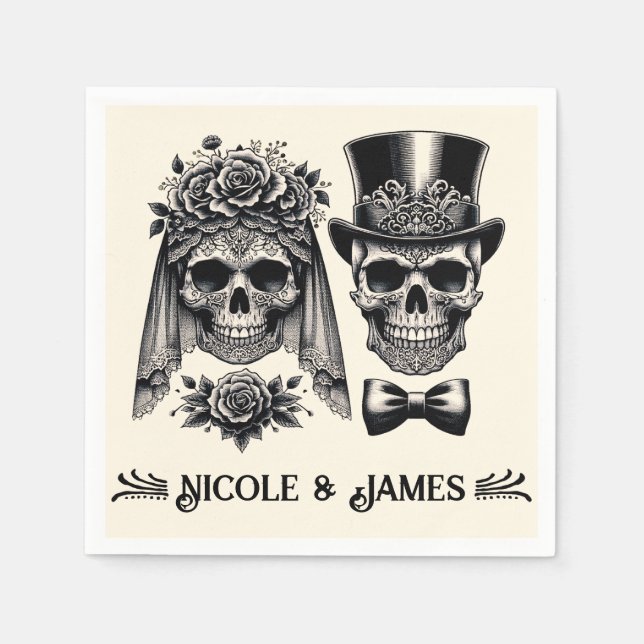 Cream Black & Gold Vintage Skeleton Wedding  Napkin (Front)