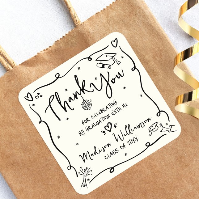 Cream Black Hand Drawn Doodle Graduation Thank You Square Sticker (Creator Uploaded)