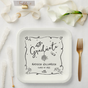 Cream Black Hand Drawn Doodles Graduation Quirky Paper Plate