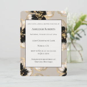 Cream Black Ivory Gold Flowers Bridal Shower Invitation