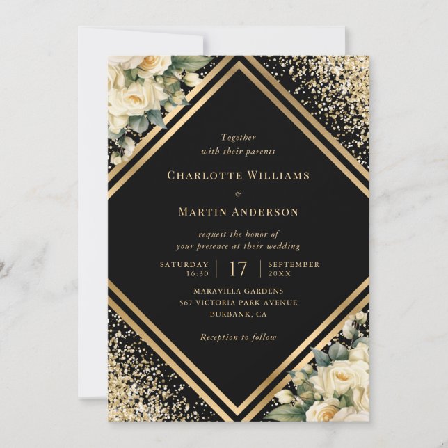 Cream Black Ivory Gold Geometric Floral Wedding Invitation (Front)