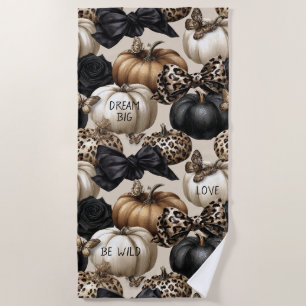 Cream Black Leopard Orange Pumpkins Butterflies Beach Towel