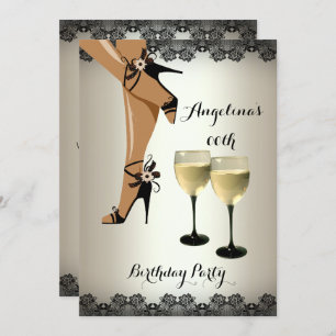 Cream Black Shoes Wine Glass Birthday Party Invitation