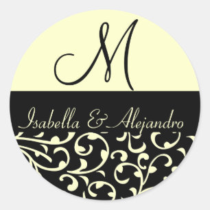 Cream Black Swirl Damask Monogram Wedding Labels