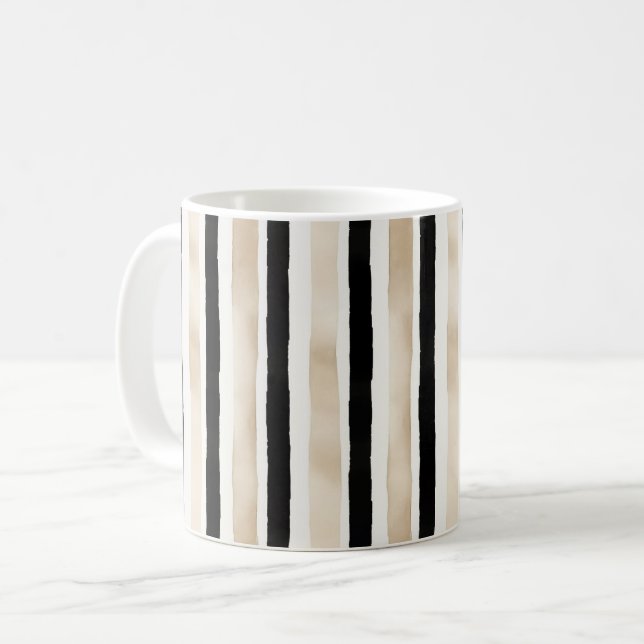 Cream Black White Stripes Coffee Mug (Front Left)