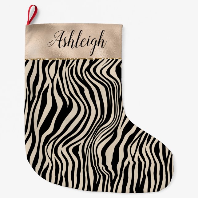Cream Black Zebra Print Large Christmas Stocking (Front)
