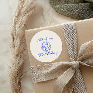 Cream Blue 30th Hand Drawn Cake Birthday Party Classic Round Sticker