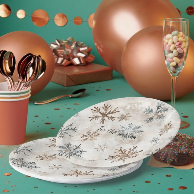 Cream Blue Brown Snowflakes Christmas Paper Plate (Multi)