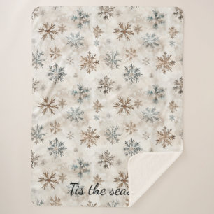 Cream Blue Brown Snowflakes Christmas Sherpa Blanket