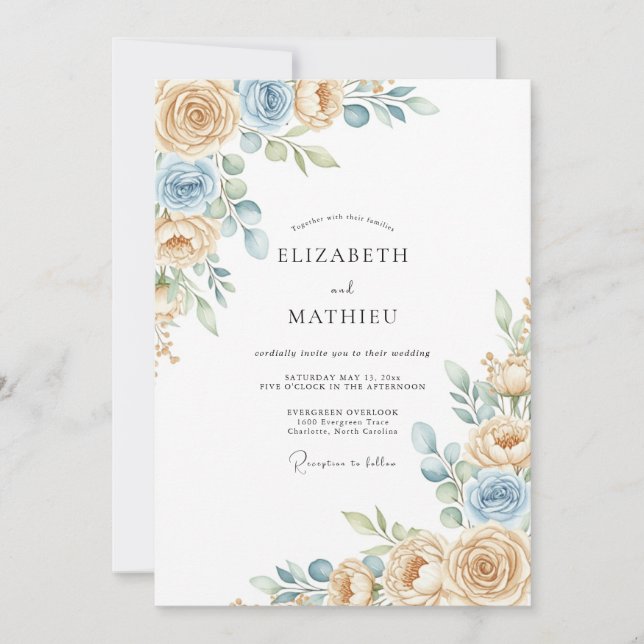 Cream Blue Ethereal Blossom Wedding Invitation (Front)