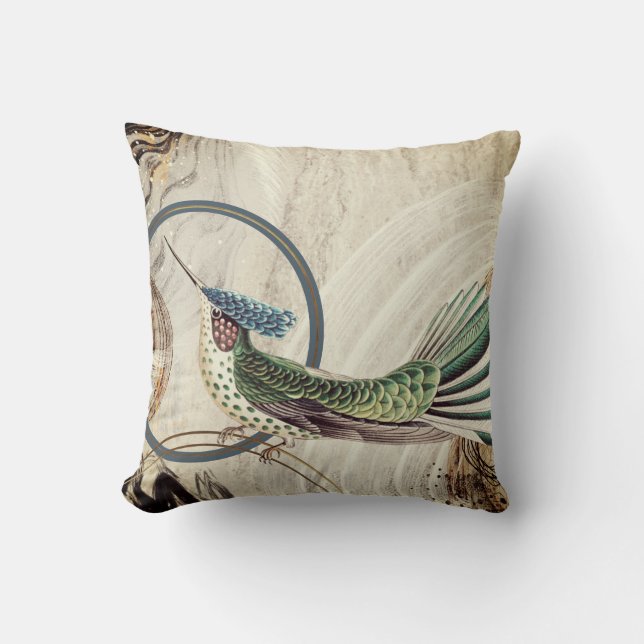 Cream & Blue Hummingbird Abstract Swirls Cushion (Front)