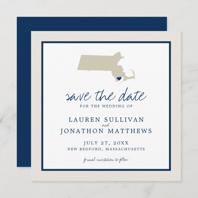 Cream Blue Massachusetts Map Wedding Save the Date (Front/Back)