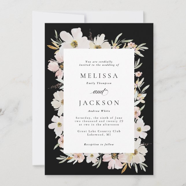 Cream, Blush, Black Watercolor Flowers Wedding Invitation (Front)