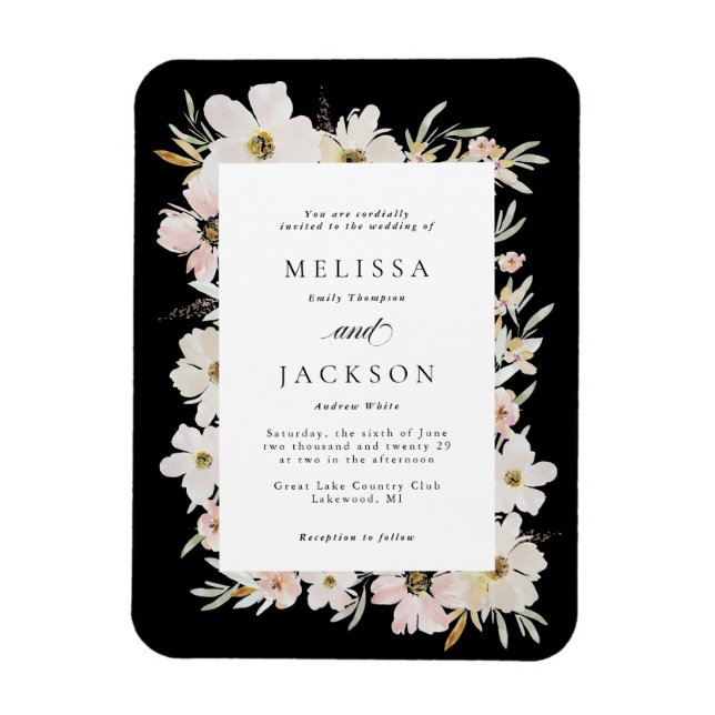 Cream, Blush, Black Watercolor Flowers Wedding Magnet (Vertical)