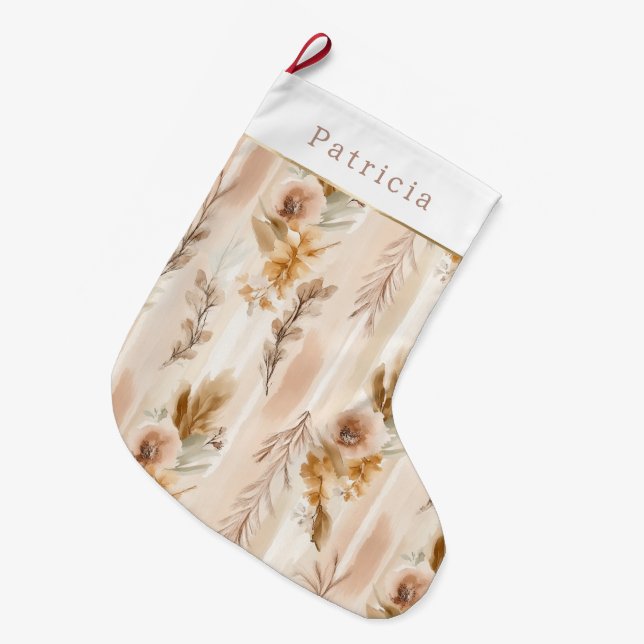 Cream Blush Boho Flowers Christmas Large Christmas Stocking (Front (Hanging))