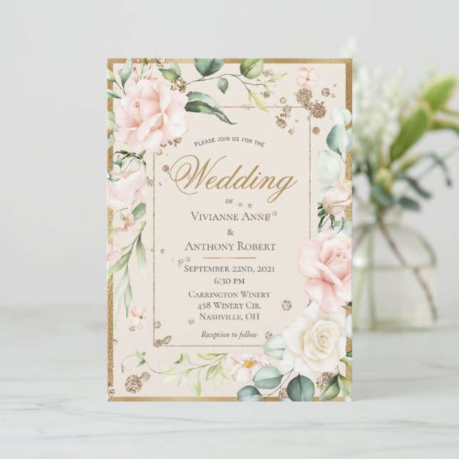 Cream Blush Floral Watercolor Romantic Wedding Invitation (Standing Front)