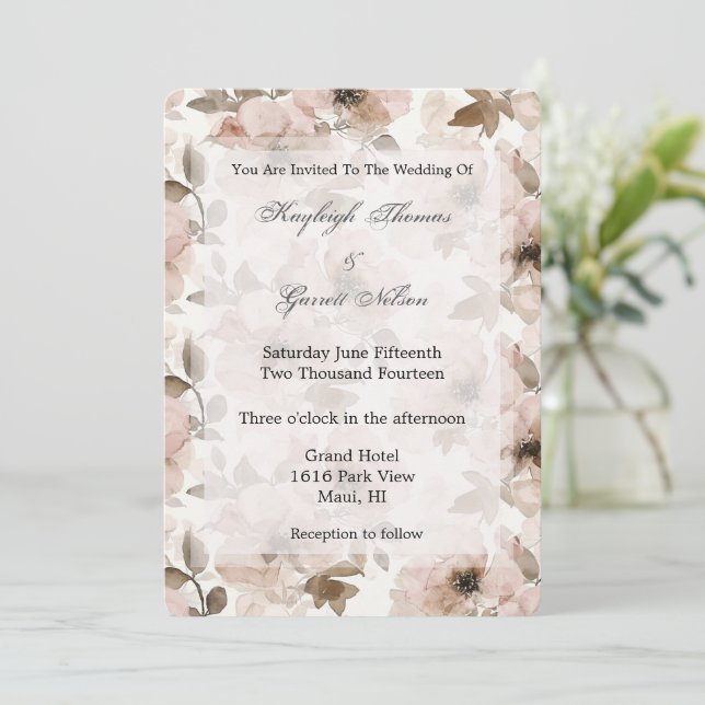 Cream Blush Pink Floral Wedding Invitation (Standing Front)