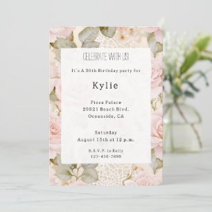 Cream Blush Pink Roses Floral Birthday Invitation