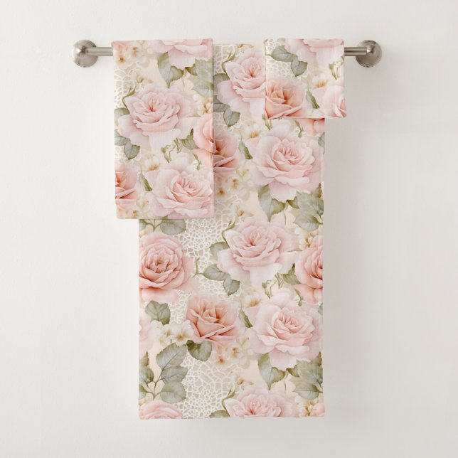 Cream Blush Pink Roses Floral Bridal Shower Bath Towel Set (Insitu)