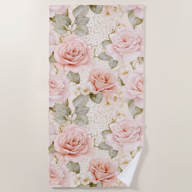 Cream Blush Pink Roses Floral Bridal Shower Beach Towel (Front)