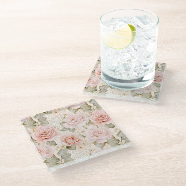 Cream Blush Pink Roses Floral Bridal Shower Glass Coaster (Angled)