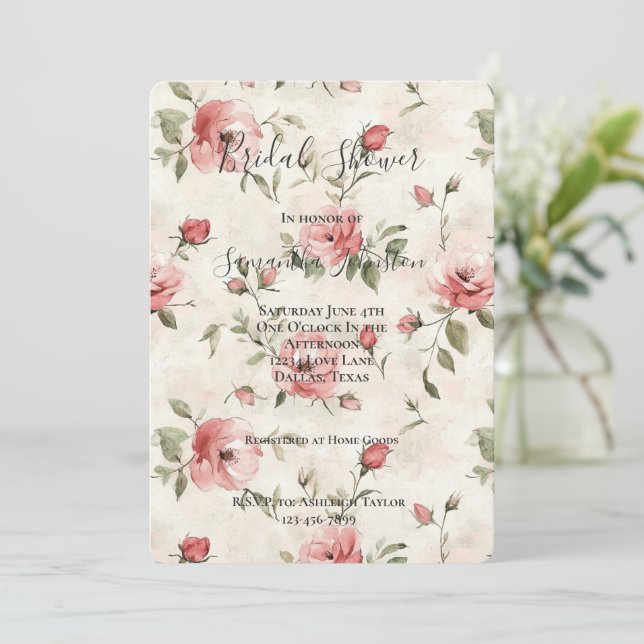 Cream Blush Pink Roses Floral Bridal Shower Invitation (Standing Front)